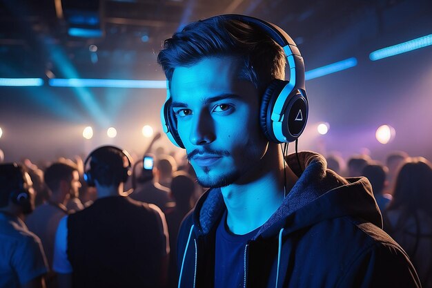 DJ mit Kopfhörern auf einer Nachtclubparty unter dem blauen Licht und Menschenmenge im Hintergrund