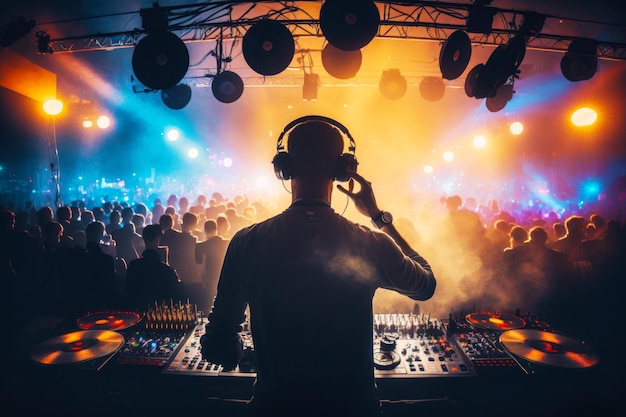 DJ mit Kopfhörern steht vor einer Bühne voller Menschen Generative KI