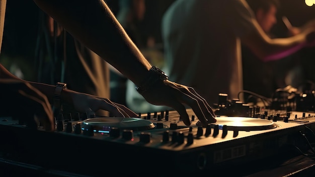 DJ mixando e arranhando música em um show Mãos de DJ controlando uma mesa de música em uma boate