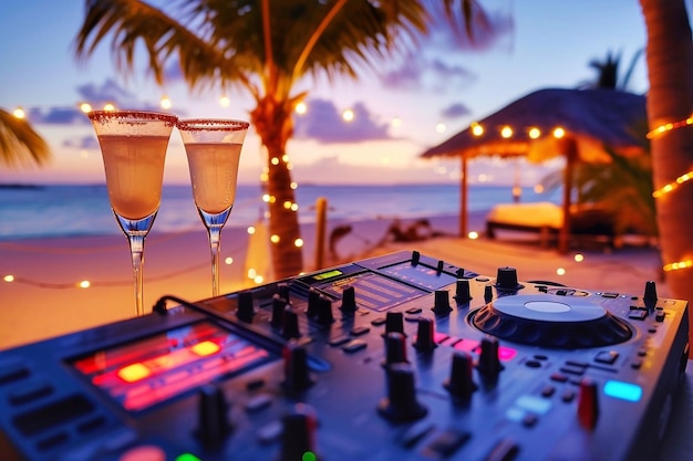 Dj mixer con cóctel en la playa al atardecer