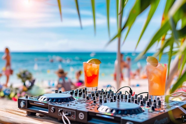 Dj mixer con un cóctel en la playa en el verano