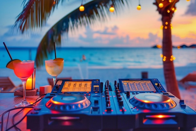 Dj mixer en una playa al atardecer