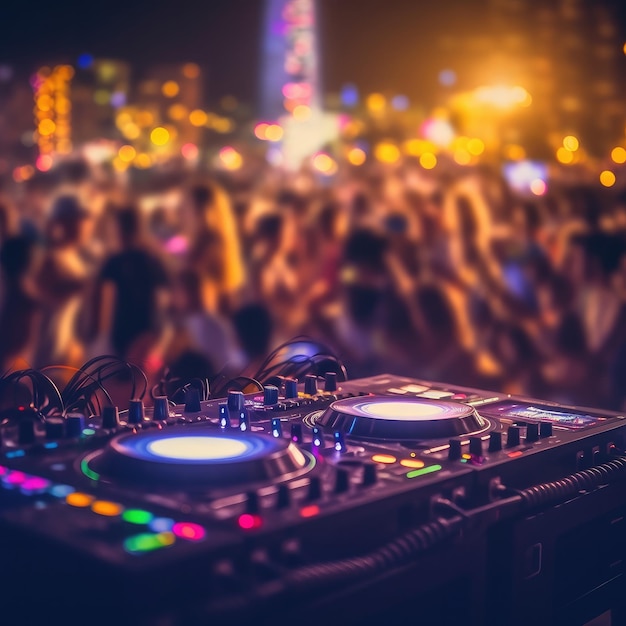 DJ-Mixpult auf einer Sommerparty im Sonnenuntergang Discjockey-Hände, die Musik spielen Generative KI