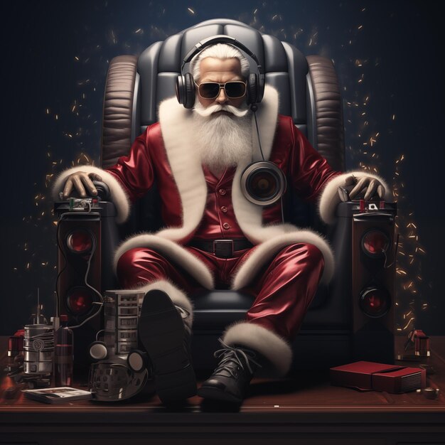 Foto dj de papá noel sentado en el sofá