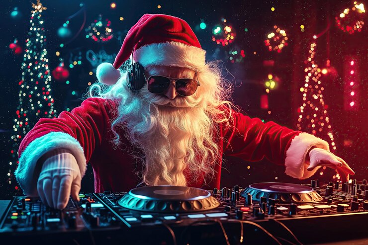 DJ de Papá Noel tocando música en un tocadiscos en una fiesta animada IA generativa