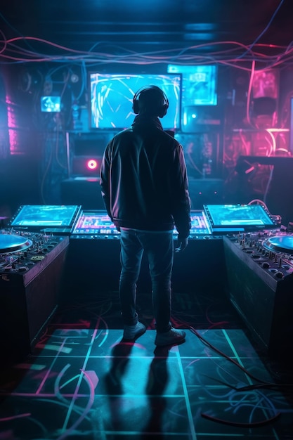 DJ-Player-Audio, der elektronische Musik auf einer Nachtclubparty mischt. Erstellt mit generativer KI-Technologie