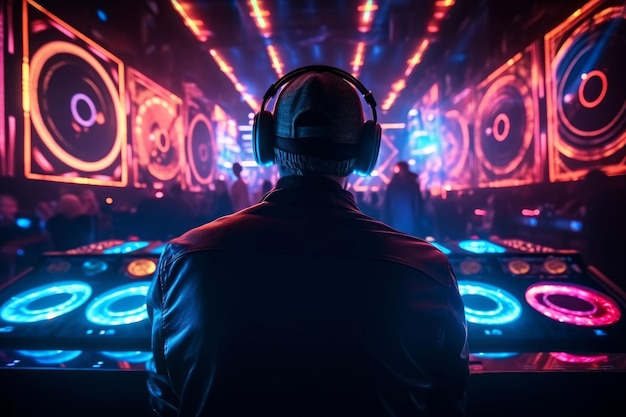 DJ player de áudio misturando música eletrônica em uma festa de boate Criado com tecnologia de IA generativa