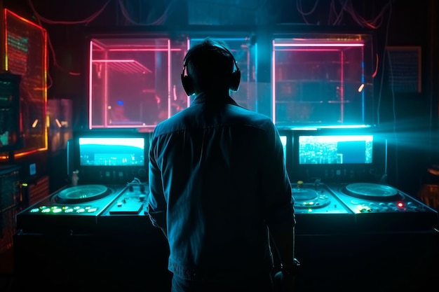 DJ player de áudio misturando música eletrônica em uma festa de boate Criado com tecnologia de IA generativa
