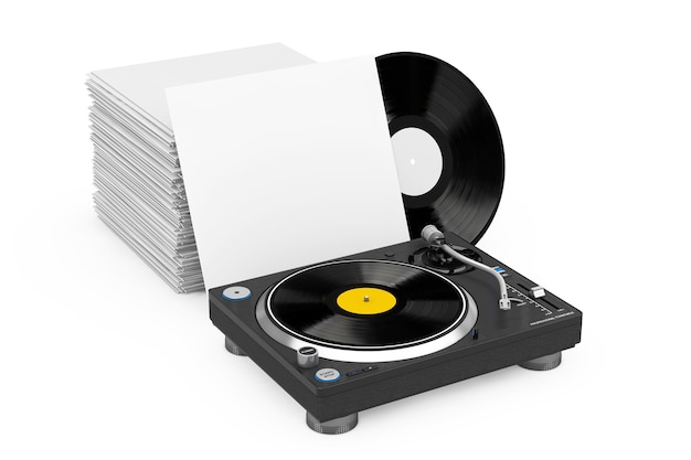 DJ profesional tocadiscos tocadiscos de vinilo cerca de la pila de discos de vinilo en cajas de papel en blanco sobre un fondo blanco. Representación 3D