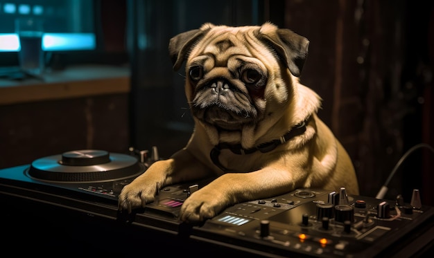 Un DJ Pug girando pistas en un tocadiscos con estilo y actitud Un perro pug sentado en la parte superior del tocadescos de un DJ