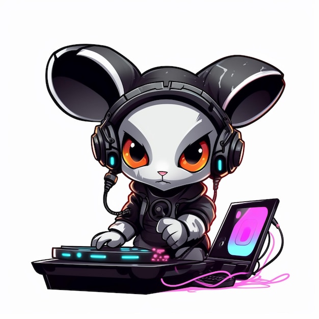 dj de ratón de dibujos animados con auriculares y una computadora portátil ai generativa
