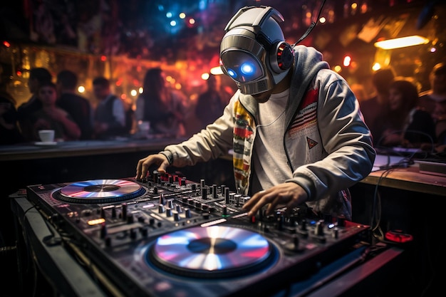 DJ robô girando discos de vinil em uma boate