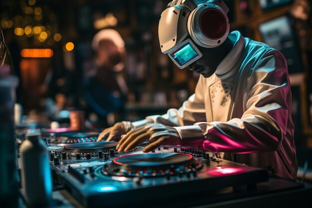 Un DJ robot haciendo girar discos de vinilo en un club nocturno