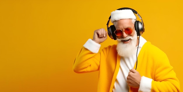 DJ Santa Claus con auriculares en un banner de fondo amarillo 1