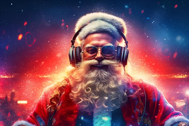 DJ Santa Claus con auriculares sobre fondo azul en la fiesta de Año Nuevo 1