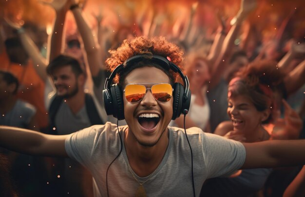 Foto dj sentado en la multitud en un festival con auriculares