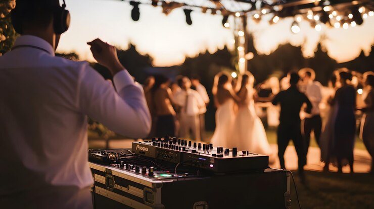 Foto dj spielt melodien bei einem hochzeitsempfang im freien