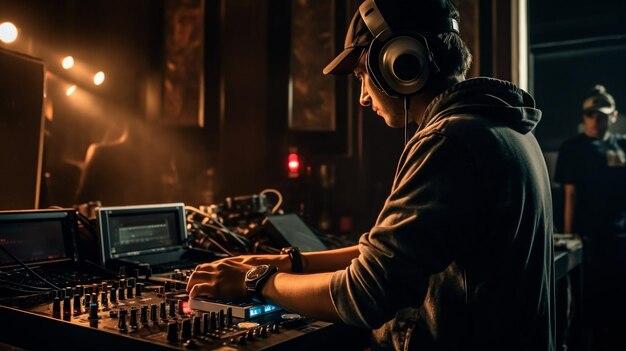 DJ spielt Musik in den Clubmassen von Leuten, die Techno House Electronic EDM Generative AI tanzen