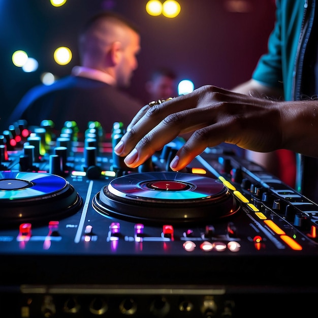 DJ Spinning Mixing and Scratching em uma boate As mãos do DJ ajustam vários controles de faixa no deck do DJ luzes estroboscópicas e nevoeiro ou o DJ mistura a faixa na boate na festa Foco seletivo