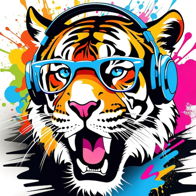 Dj tigre en auriculares y gafas graffiti color splash diseño de camiseta generativa imagen AI