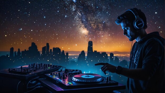 Foto un dj toca música en el cielo nocturno con un cielo noctur no detrás de él