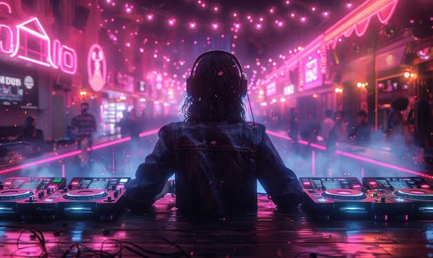 DJ tocando canciones en la discoteca con luces rosas y azules