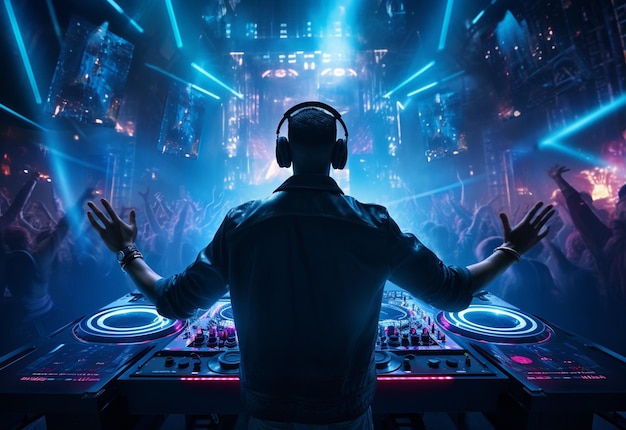 Foto dj tocando y mezclando música en la fiesta de la discoteca por la noche edm dance music club con multitud