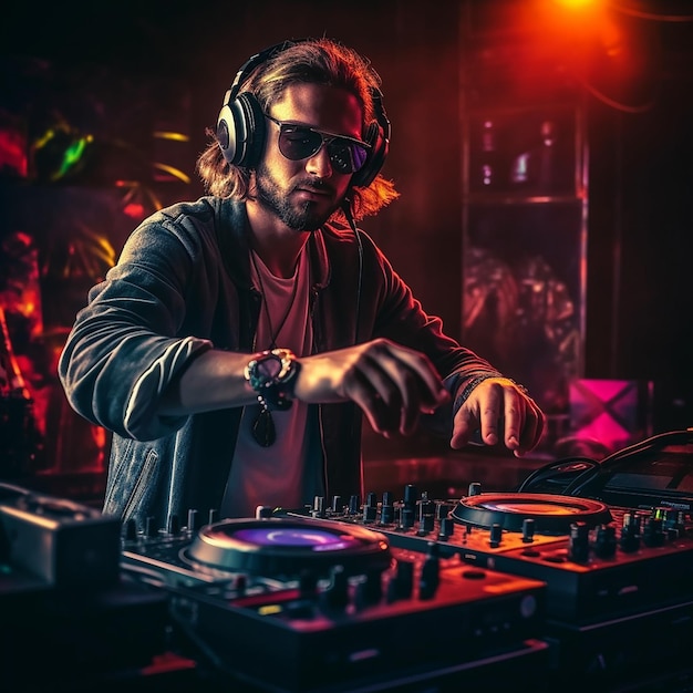 Dj tocando música en un club con un dj usando auriculares