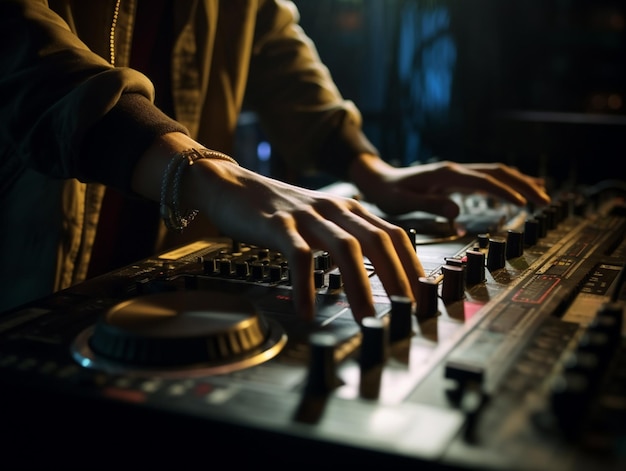 Un dj tocando música en un cuarto oscuro