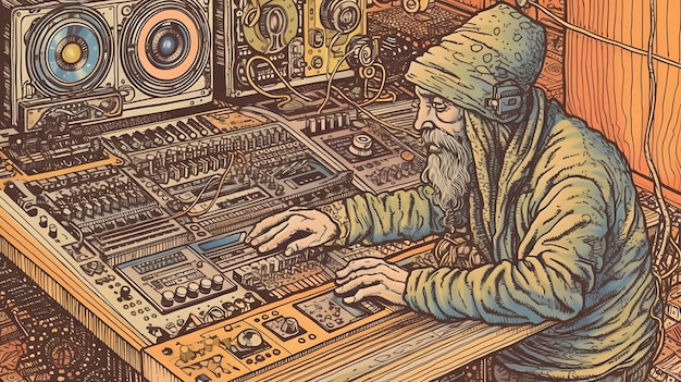 DJ tocando música en el estudio techno trance rave mezclador altavoces cartel AI generativa