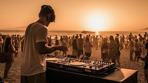 DJ tocando música para una fiesta en la playa IA generativa