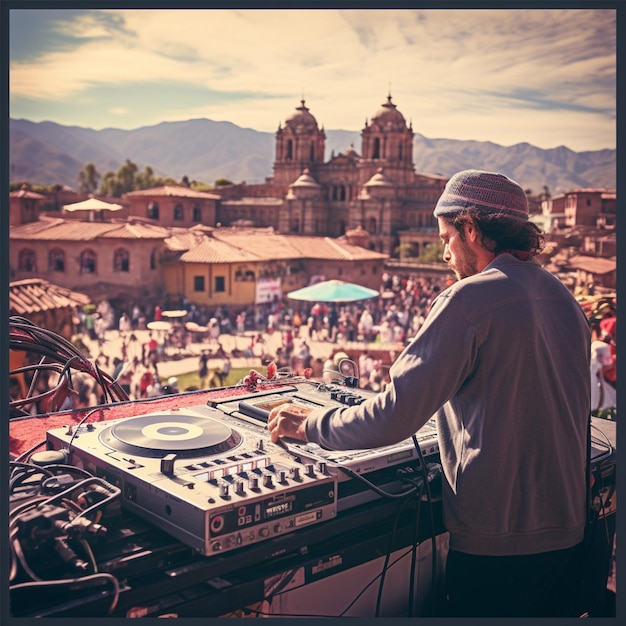 Dj tocando en la Plaza de Armas en la fiesta de Cusco