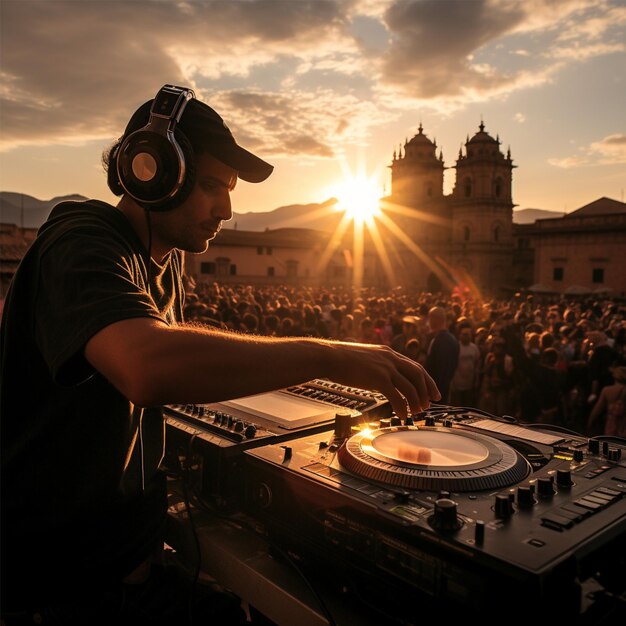 Foto dj tocando en la plaza de armas en la fiesta de cusco