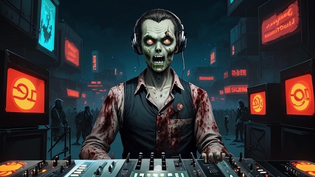 DJ zumbi cara a cara em uma cidade futurista