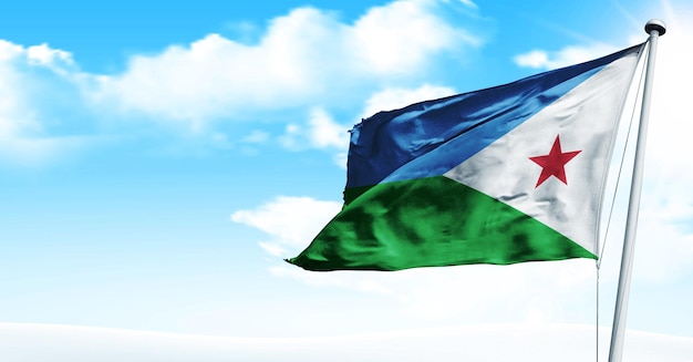 Djibouti acenando bandeira de renderização 3D, em um fundo de céu azul. - imagem