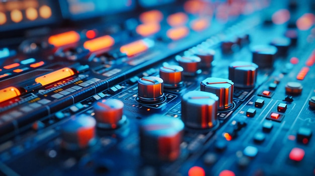 Foto djs audio mixer und sound console nahaufnahme von musikproduktion ausrüstung unterhaltung und technologie konzept