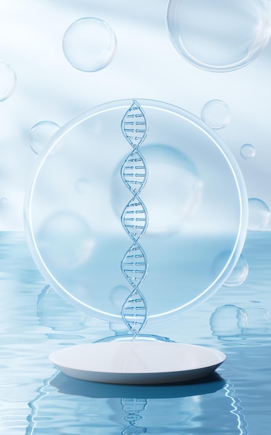 DNA com renderização 3d de fundo de superfície de água