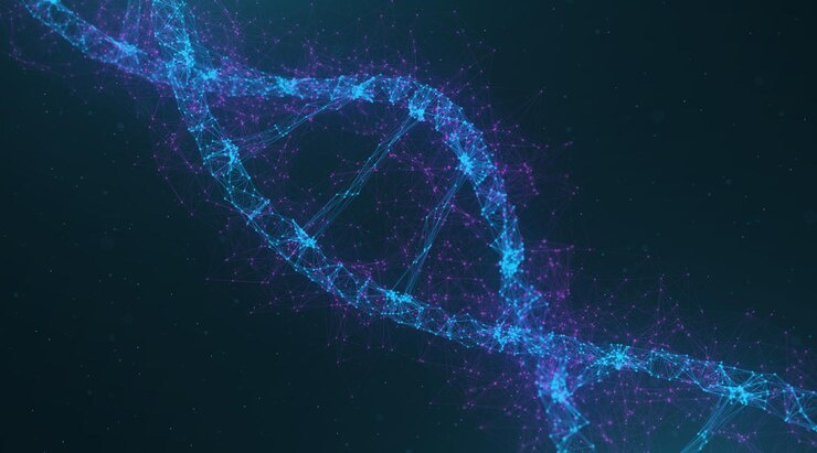 Dna composto de partículas e fundo azul