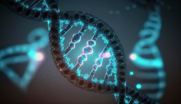 DNA cromossômico azul e substância química de luz cintilante gradualmente brilhante quando a câmera se move closeup Conceito de saúde genética médica e hereditária Renderização em 3D da ciência da tecnologia Gerar Ai