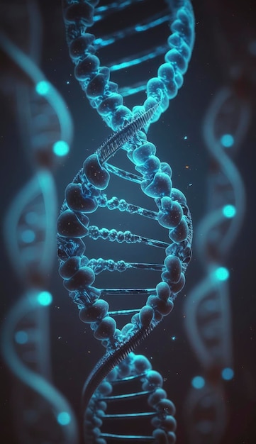 Foto dna cromossômico azul e substância química de luz cintilante gradualmente brilhante quando a câmera se move closeup conceito de saúde genética médica e hereditária renderização em 3d da ciência da tecnologia gerar ai