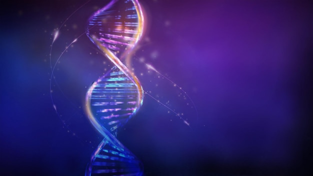 Dna doble hélice que brilla intensamente sobre un fondo violetblue d render