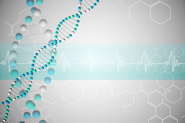 Foto dna helix in blau mit chemischen strukturen