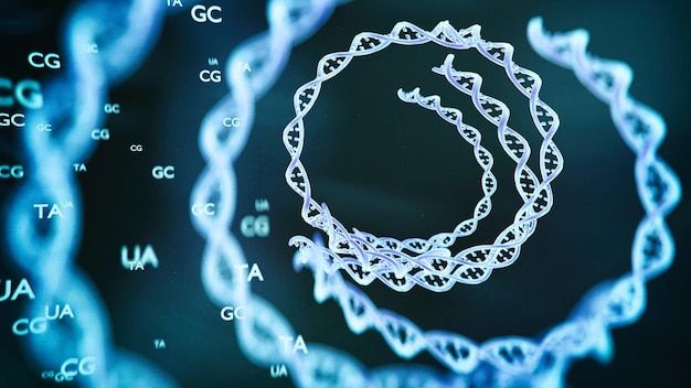 DNA Strand Helix estrutura 3d imagem renderizada azul modelos de dupla hélice em fundo preto com glo