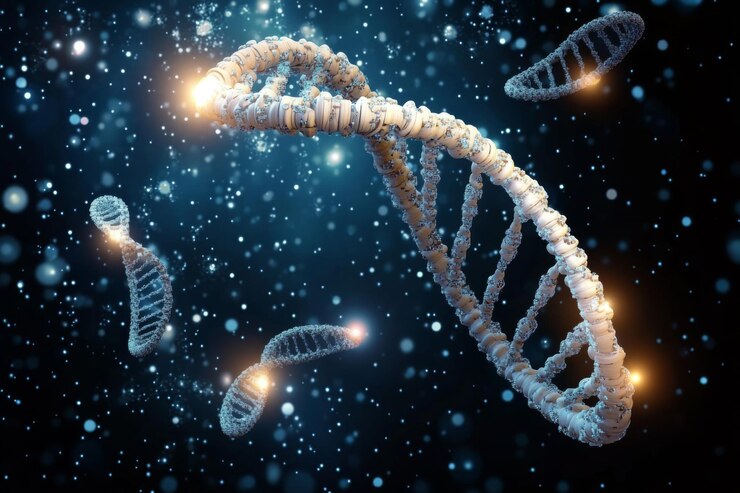 Foto dna-struktur abstrakte helix-molekül-plexus auf isoliertem dunkelblauen hintergrund medizinische wissenschaft gen