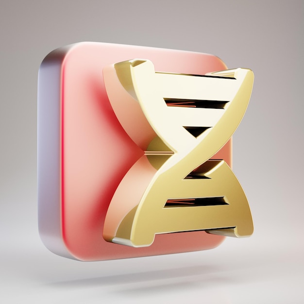 DNA-Symbol. Goldenes DNA-Symbol auf roter Mattgoldplatte. 3D-gerendertes Social Media-Symbol.