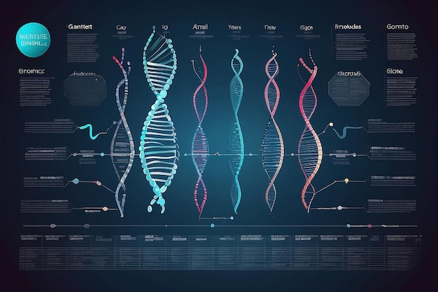 DNA-Test-Infografik Genomsequenzkarte Chromosomenarchitektur und genetische Sequenzierung Diagramm abstrakte Daten Molekularstruktur genetischer Test Genealogie-Sequenzvektor-Illustration