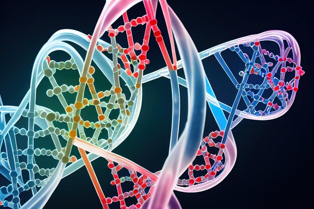 Foto dna und chemische bindungen von atomen und molekülen in nahaufnahme in der biologie auf schwarzem hintergrund