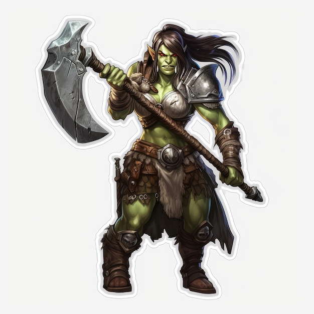 DND Green Skin Half Orc Barbarian Female empunha um enorme machado de batalha em um campo de batalha realista em 4K