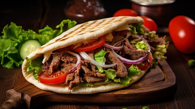 Dner Kebab saboroso turco delicioso en pita o pan plano