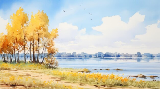 Foto dnieper river butte aquarela pintura com árvores e céu azul